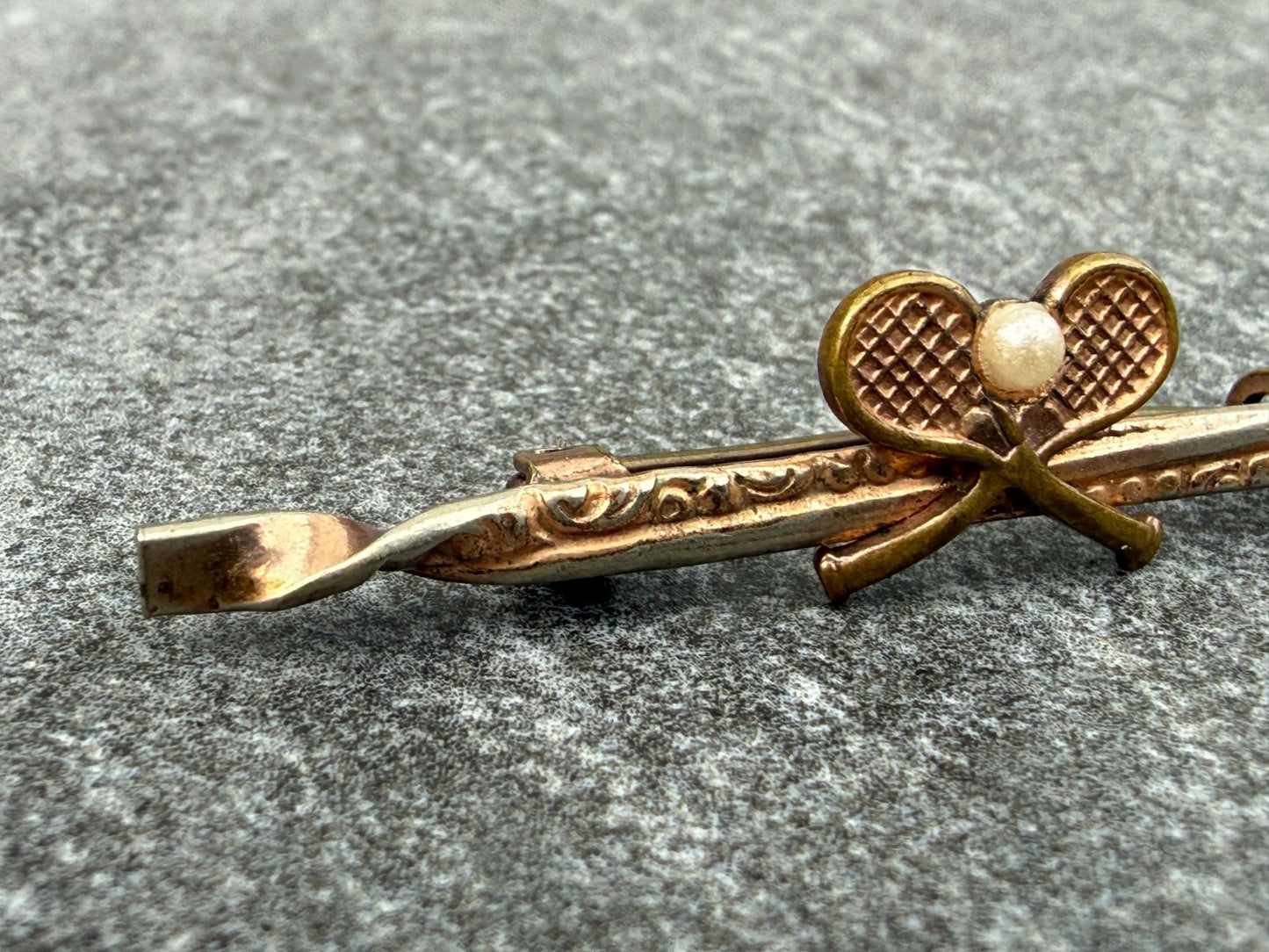 Antique Tennis Bar Brooch Rose Gold Tone Faux Pearl Sports Racquet Padel Gift