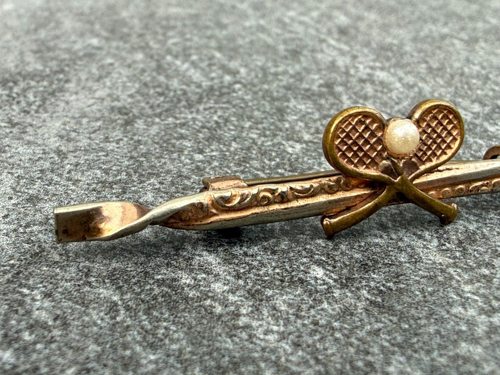 Antique Tennis Bar Brooch Rose Gold Tone Faux Pearl Sports Racquet Padel Gift
