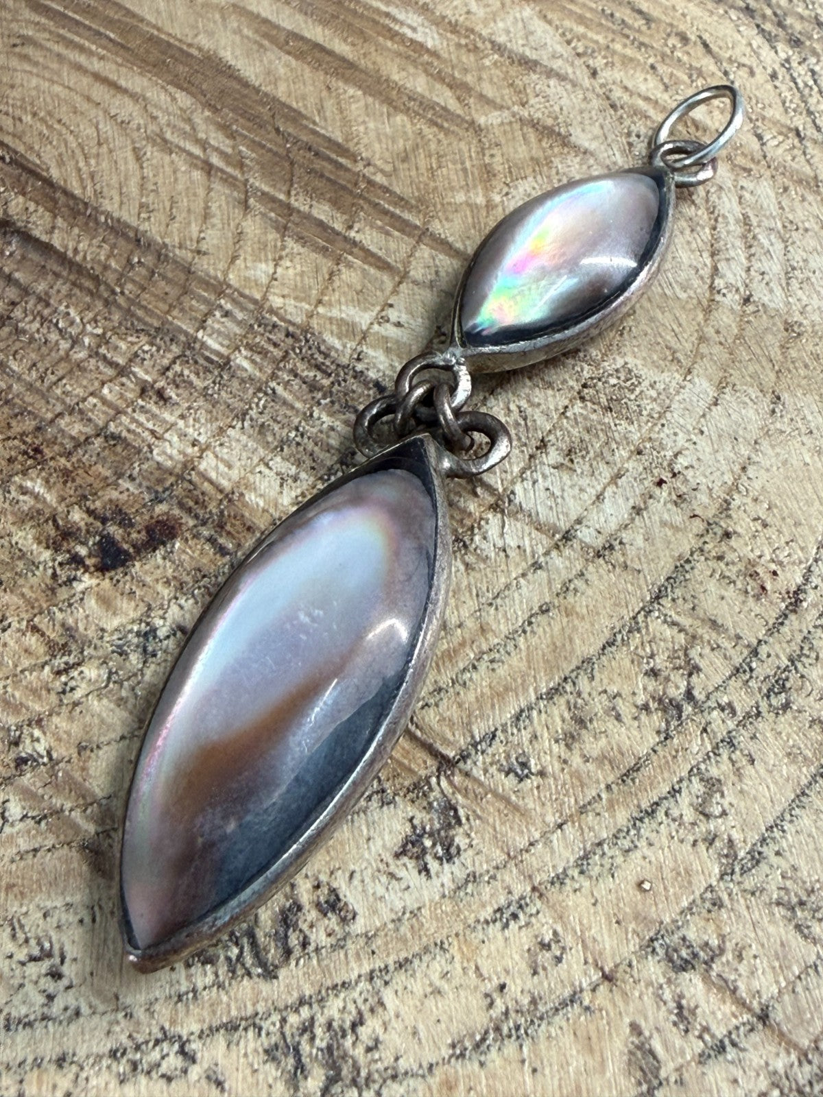 Vintage Silver Tone Double Drop Pendant Grey Mother of Pearl Marquise MOP