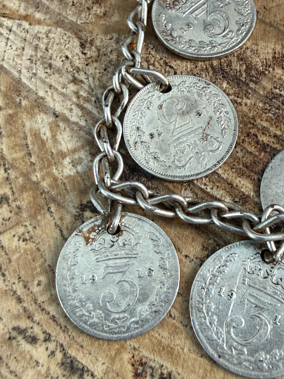 Antique Victorian George V Silver Threepenny Bit Coin Charm Bracelet 1867-1935