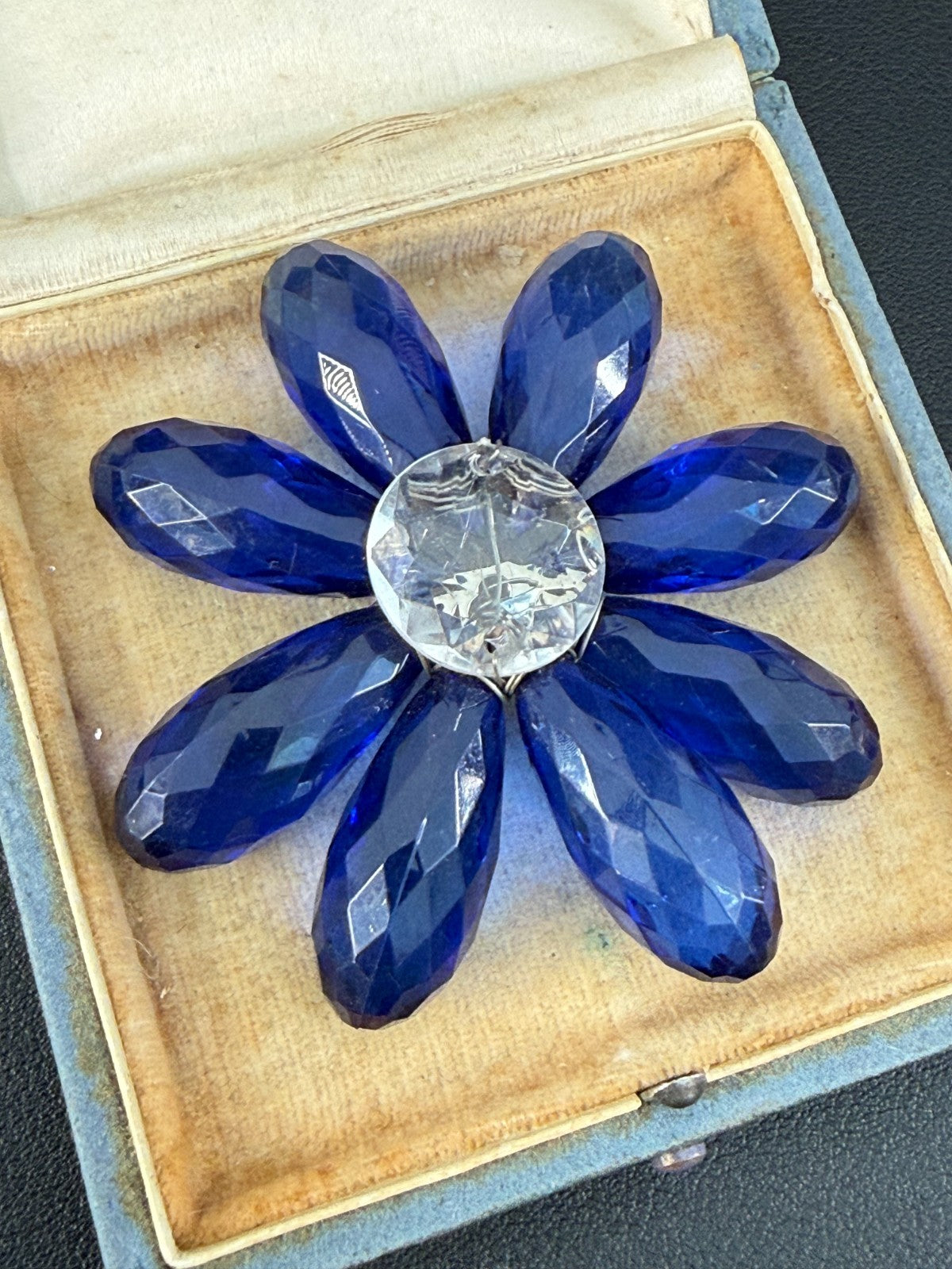 Vintage Cobalt Blue Brooch Faceted Plastic Daisy Flower Statement Pin