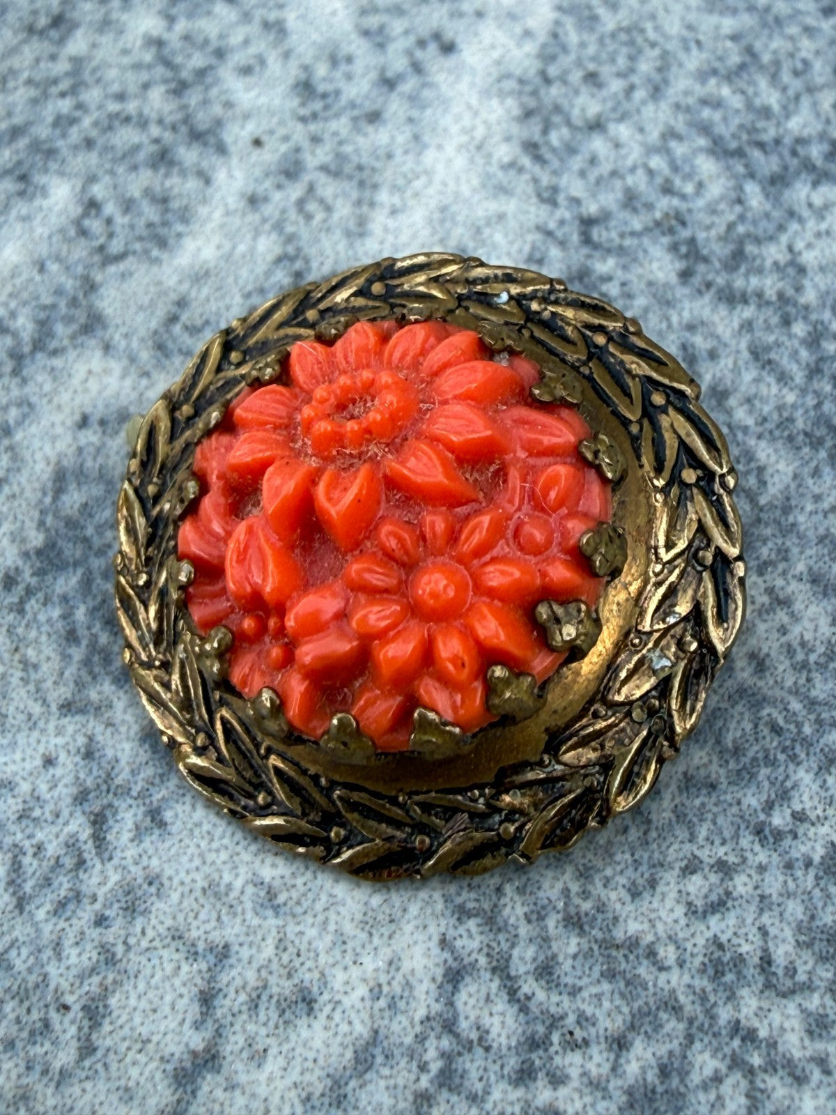 Antique Art Deco Brooch Red Celluloid Floral Pin Faux Coral Gold Tone Lapel