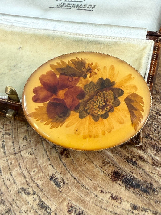 Vintage Pressed Flower Brooch Resin Oval Dried Floral Bouquet Silver Tone Pin