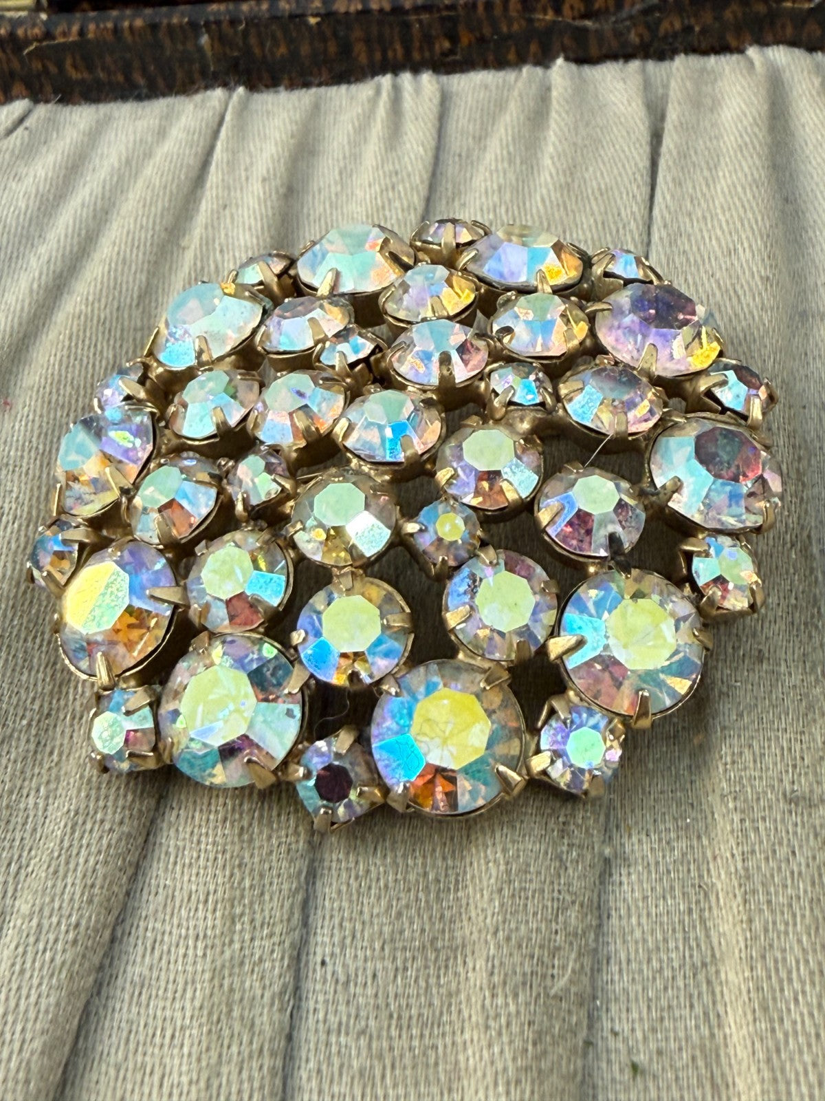 Vintage Aurora Borealis Rhinestone Brooch Cluster Gold Tone Pin 1950s 1960s