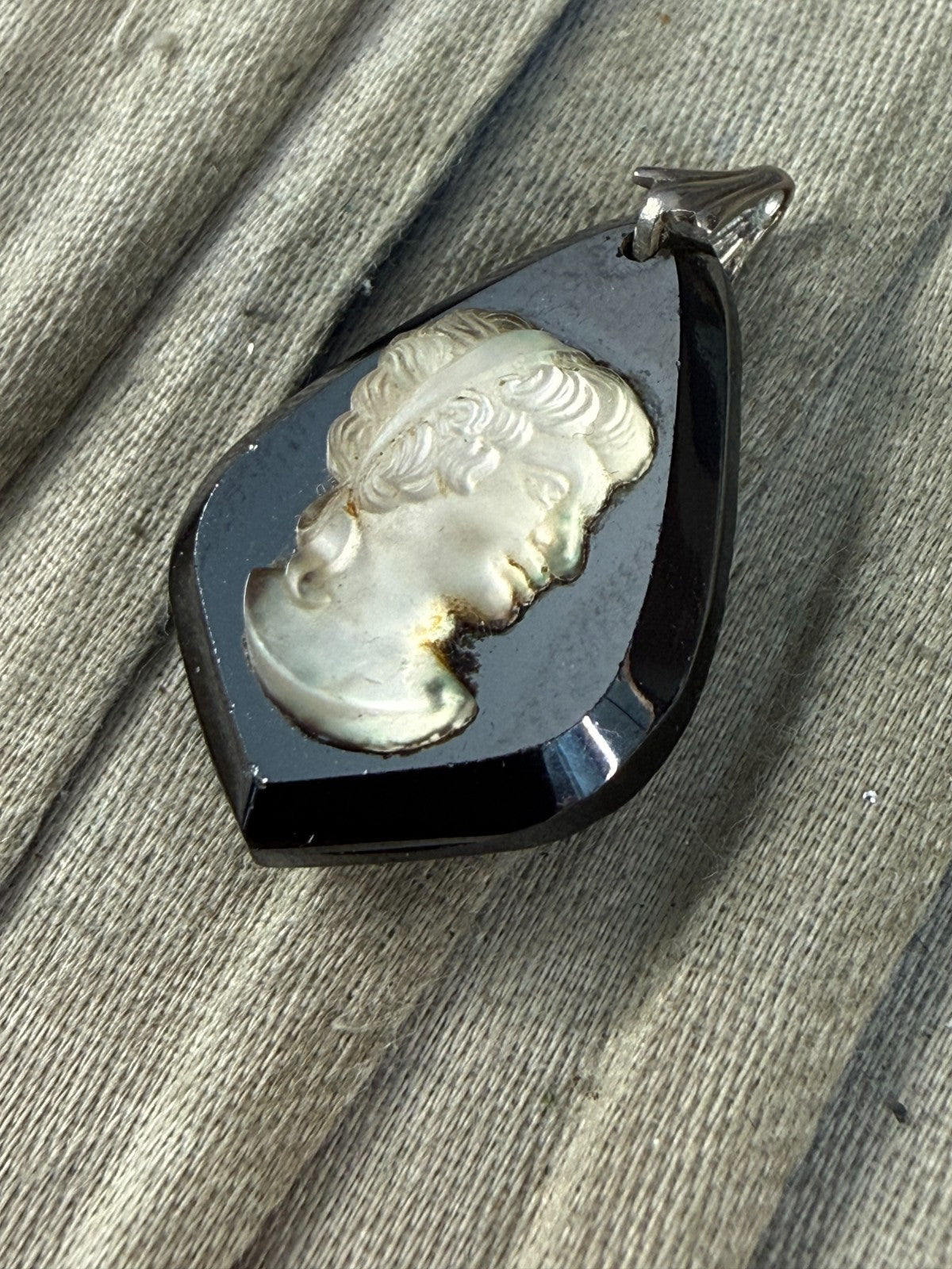 Vintage Hematite Glass Cameo Pendant Classical Female Portrait Silver Tone