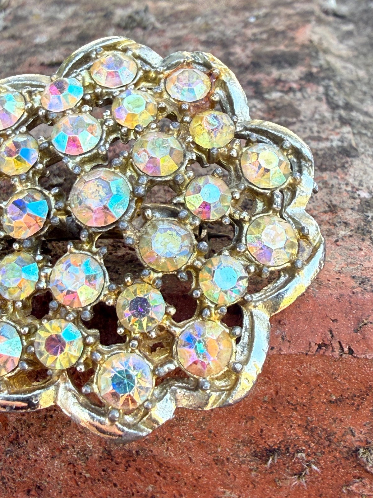 Vintage Yellow Aurora Borealis Brooch Gold Tone Rhinestone Sparkly Mid Century