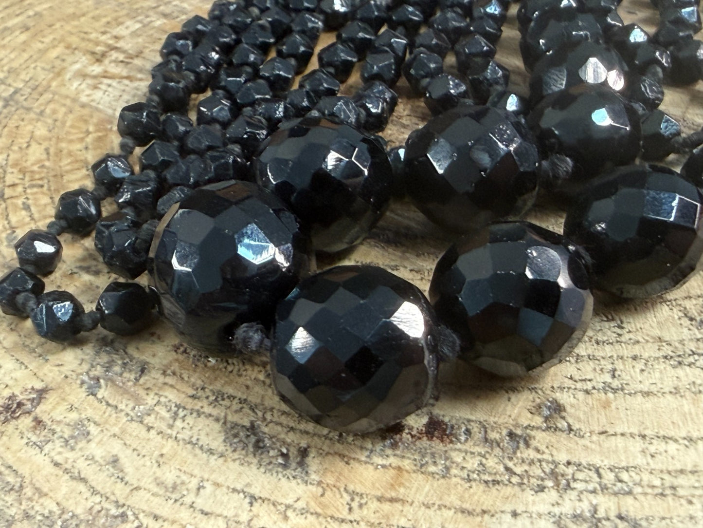 Antique Black Glass Beaded Necklace French Jet Faceted Graduating Victorian