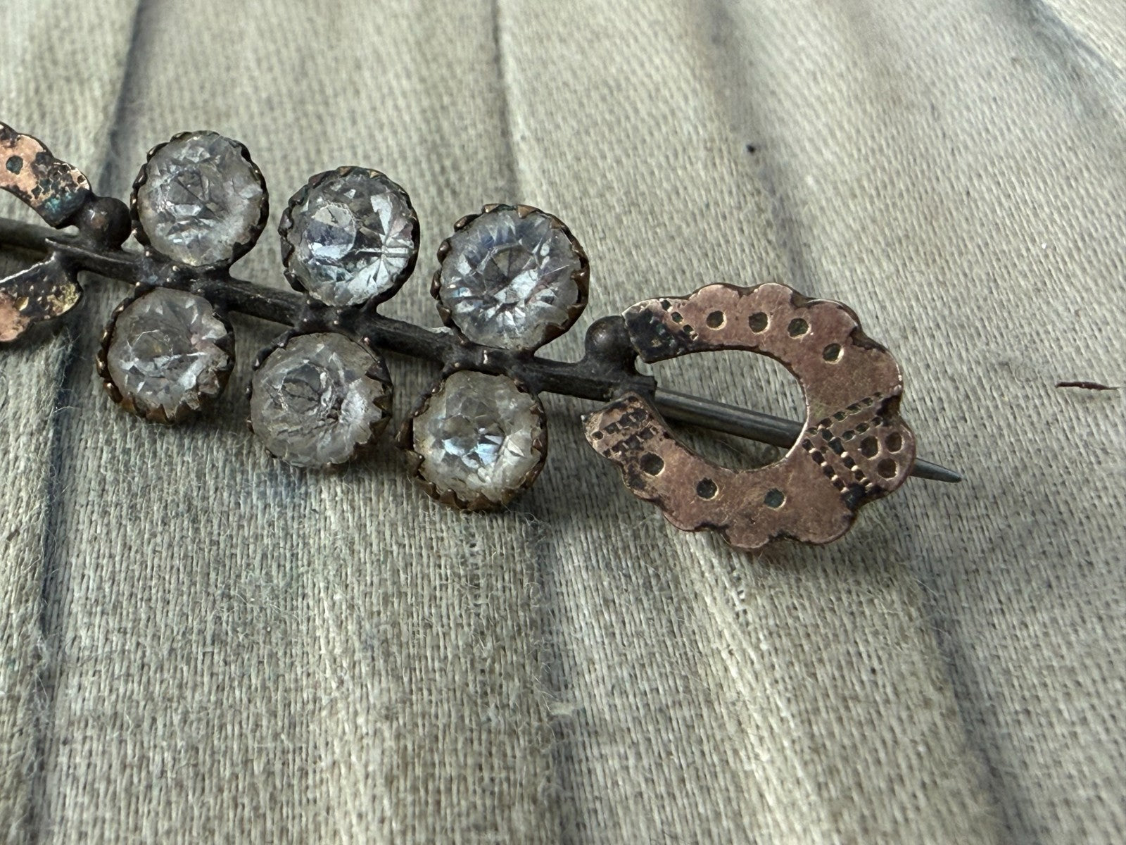 Antique Edwardian Paste Bar Brooch Lucky Horseshoe Pin Rose Gold Rhinestone