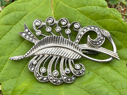 Vintage Ornate Marcasite Brooch Silver Tone Abstract Spray Pin Mid Century