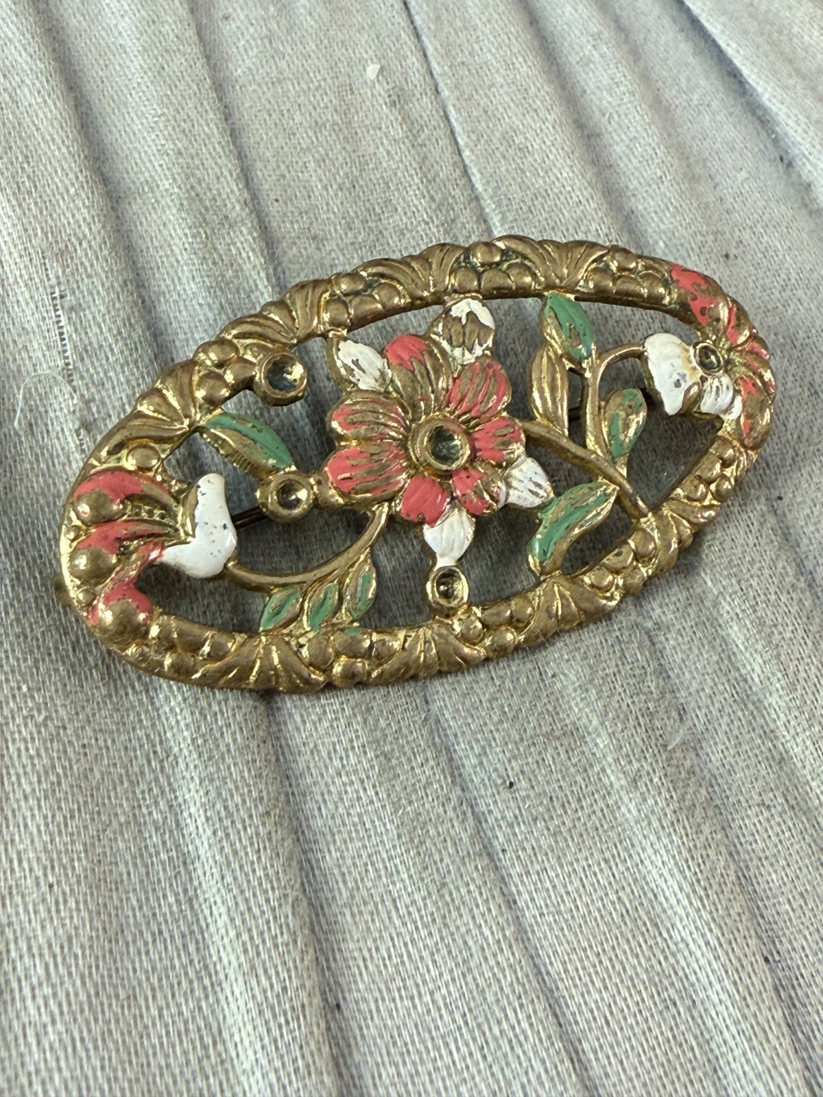 Vintage Art Deco Flower Brooch Gold Tone Oval Pin Brass Painted 1930s 1940s