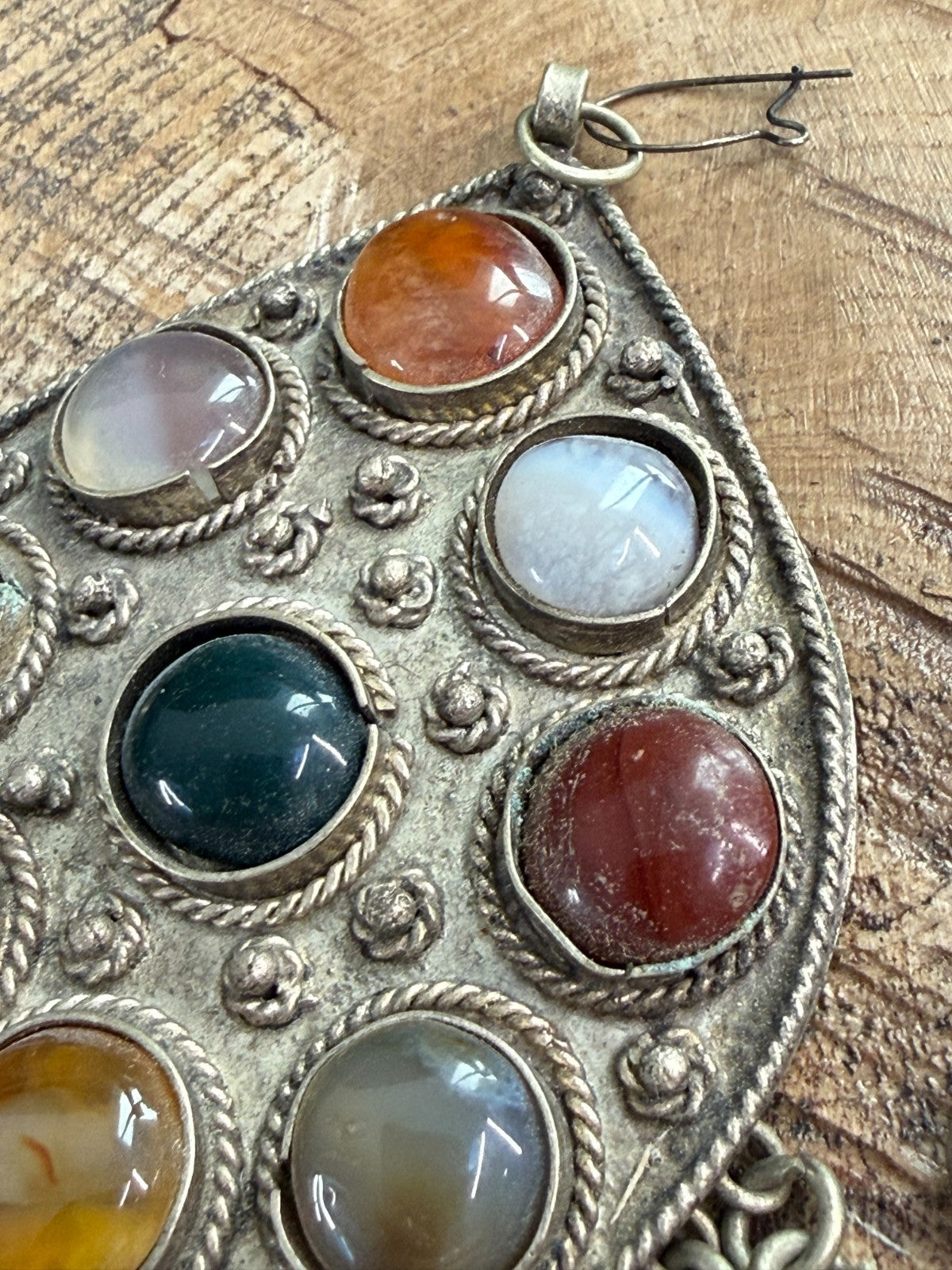 Vintage Tibetan Himalayan Tribal Earrings Agate Silver Tone Bell Drop Dangle