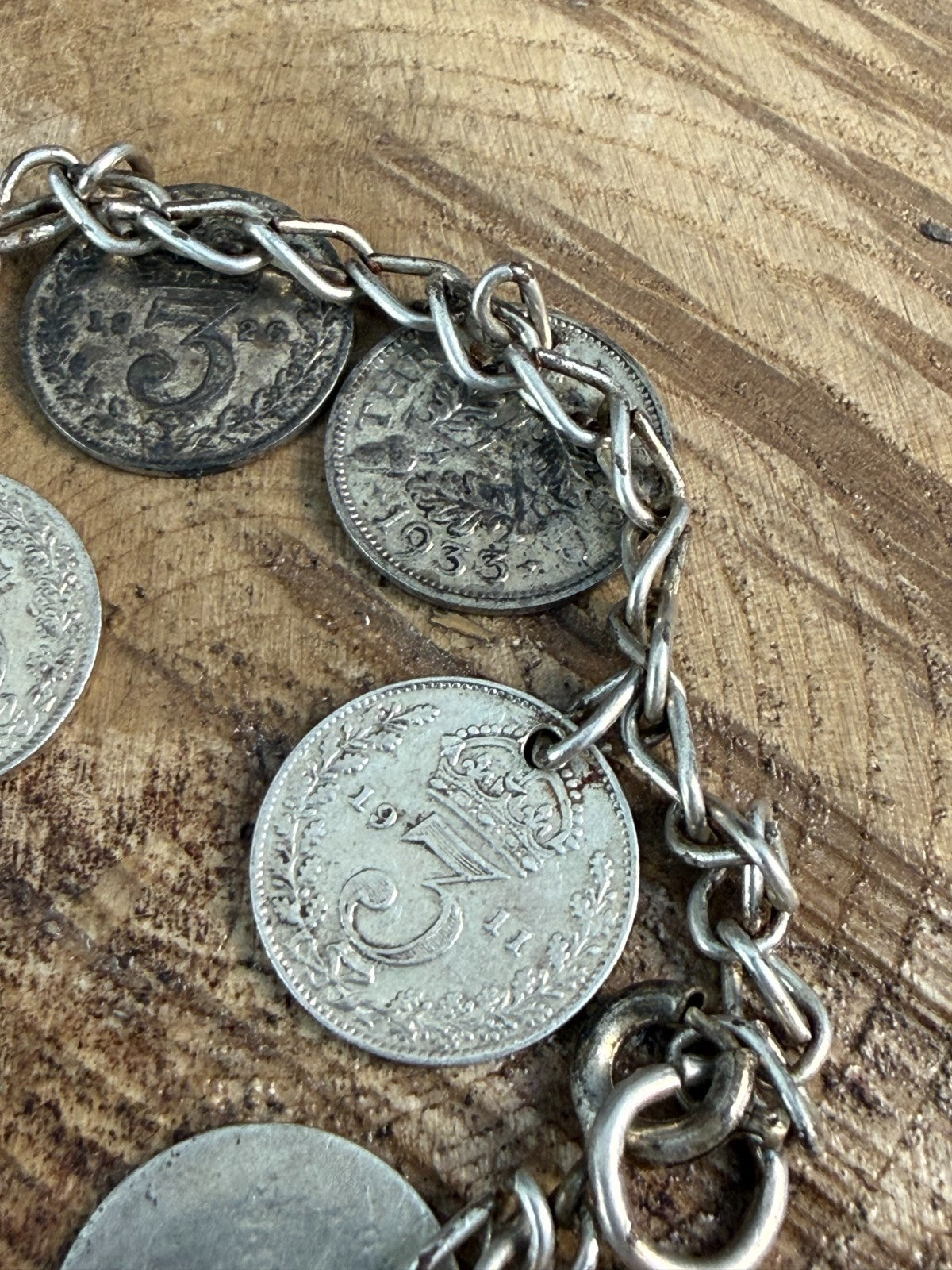 Antique Victorian George V Silver Threepenny Bit Coin Charm Bracelet 1867-1935