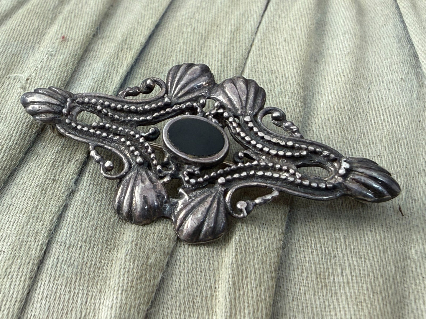 Vintage Silver Brooch Black Onyx Art Nouveau Revival Beaded Scrollwork Pin