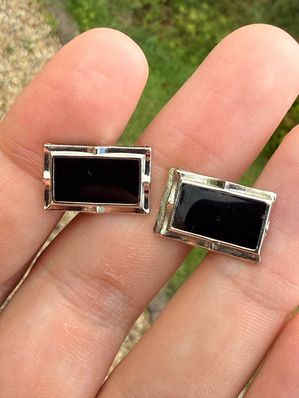 Vintage Black Glass Panel Cufflinks Pale Tone Fancy Retro Mens Gents
