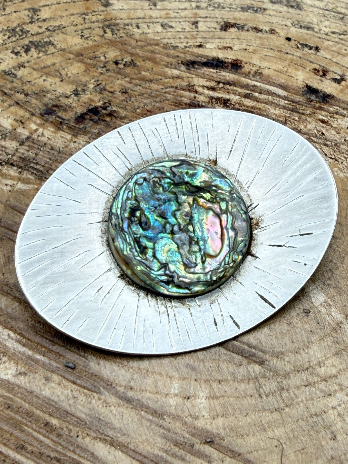Vintage Modernist Brooch Stainless Steel Peak Sunburst Abalone Shell Pin