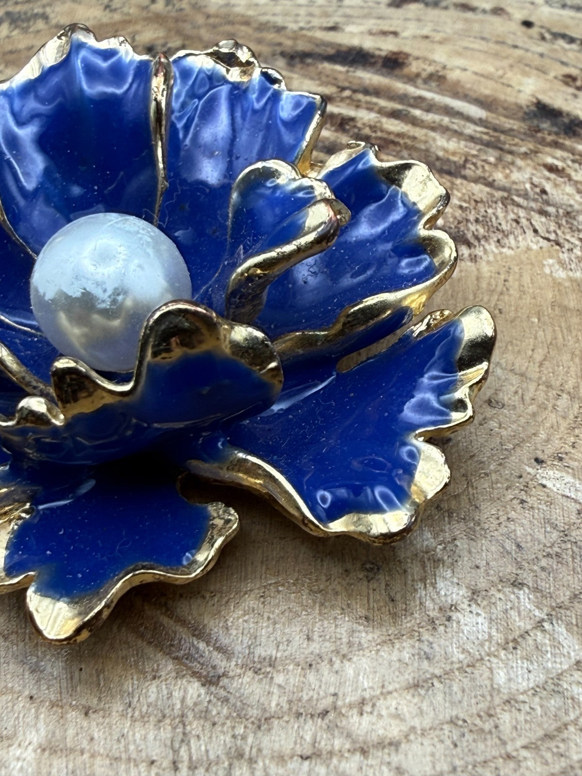 Vintage Blue Enamel Flower Brooch Ruffled Gold Tone Paeony Pin Faux Pearl