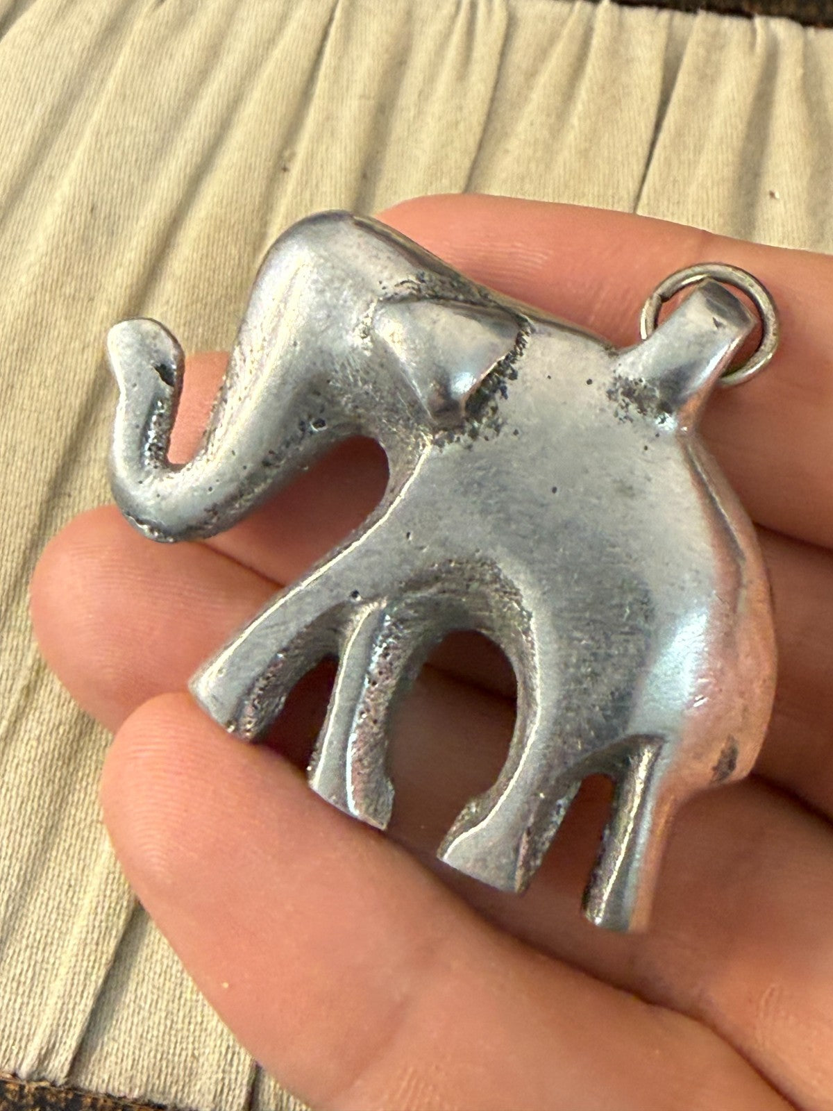 Vintage Elephant Pendant Trunk Up Lucky Charm Large Heavy Cast Silver Tone