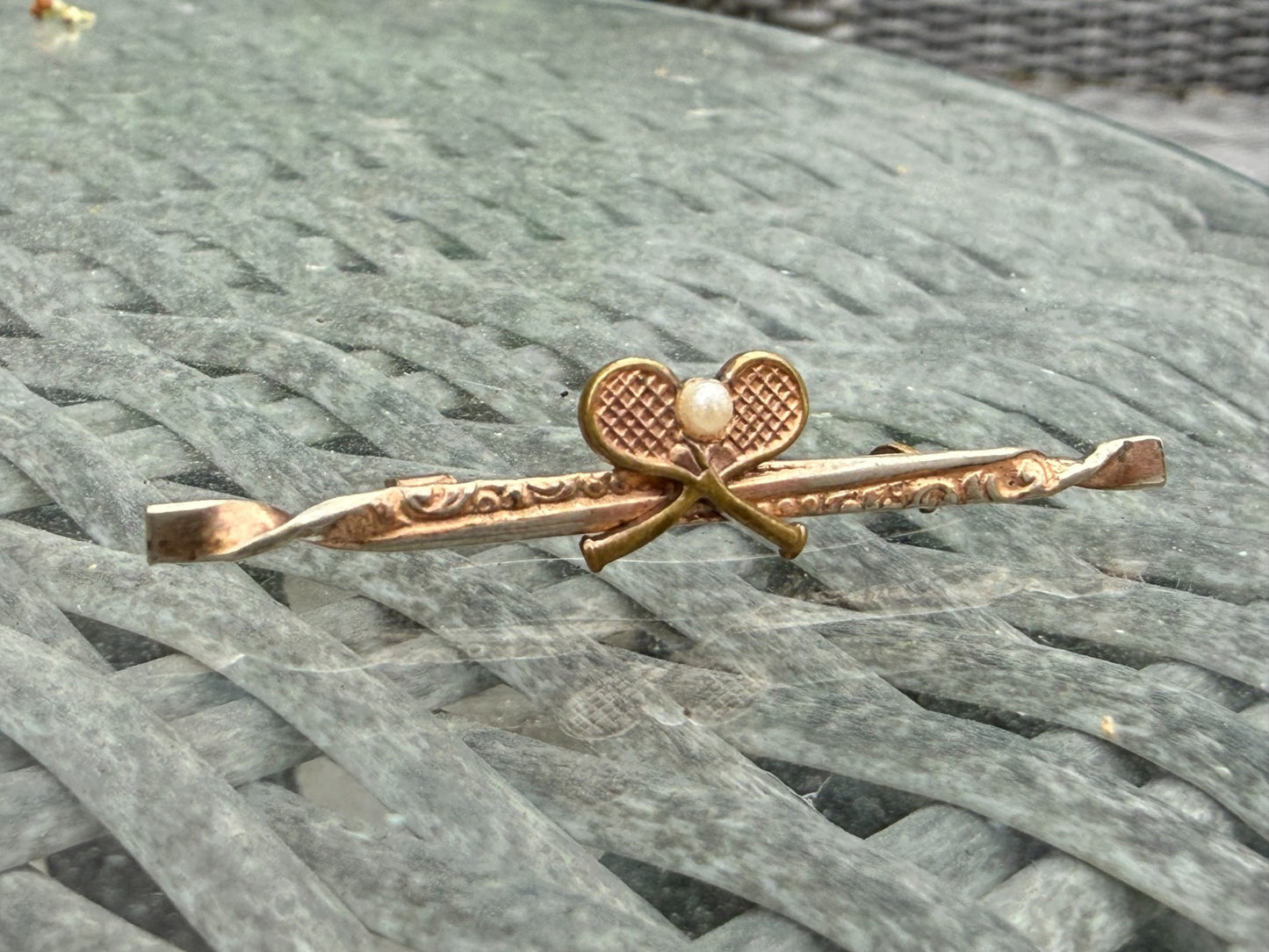 Antique Tennis Bar Brooch Rose Gold Tone Faux Pearl Sports Racquet Padel Gift