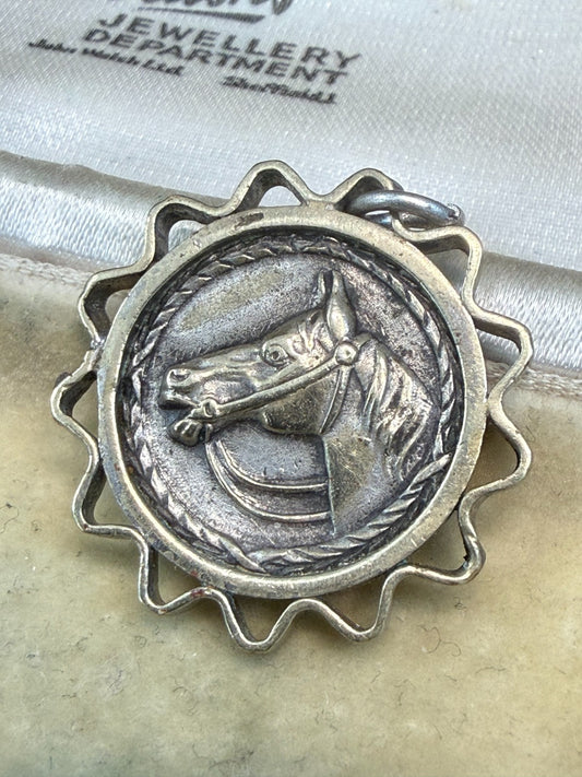 Vintage Horse Head Pendant Silver Tone Fob Medal Equestrian Scalloped Border