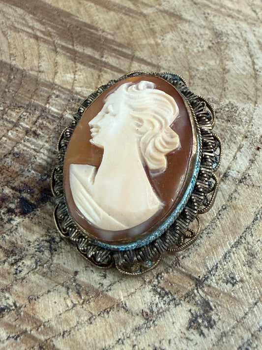 Vintage Shell Cameo Brooch Pendant Female Portrait Gold Tone Pin Mid Century
