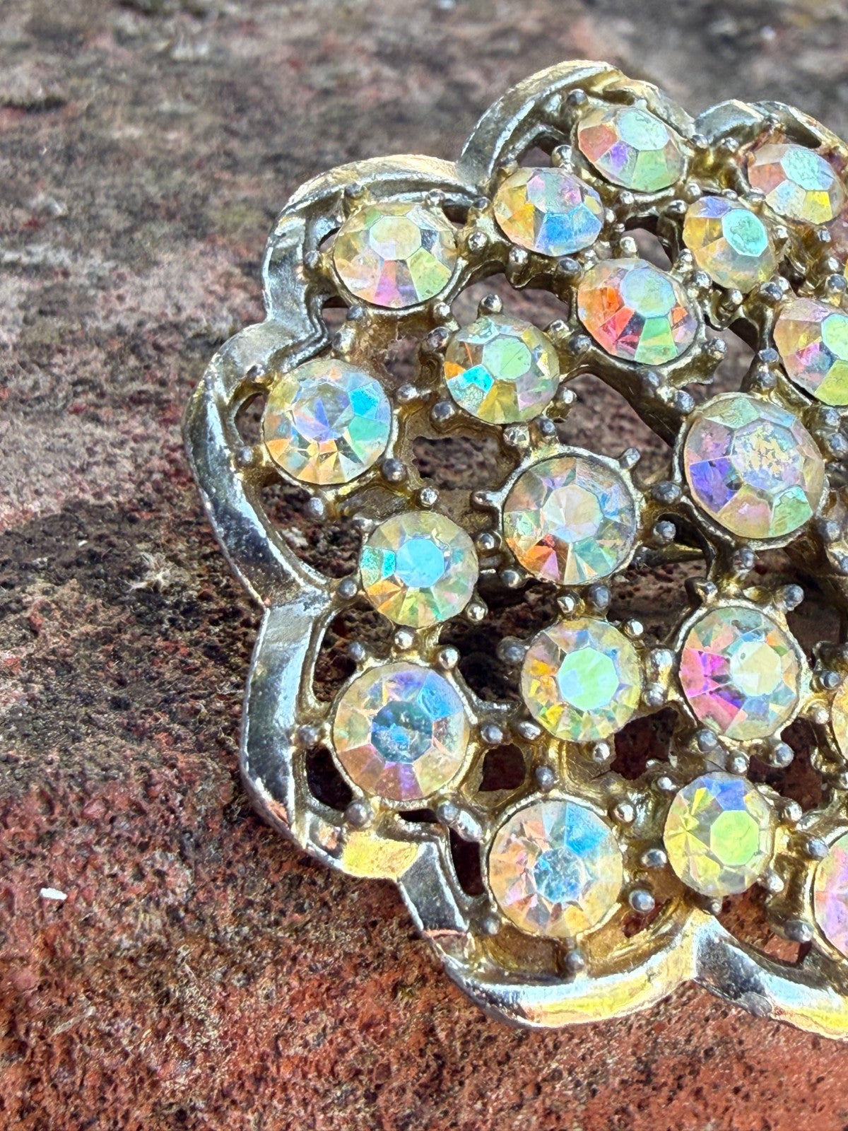 Vintage Yellow Aurora Borealis Brooch Gold Tone Rhinestone Sparkly Mid Century