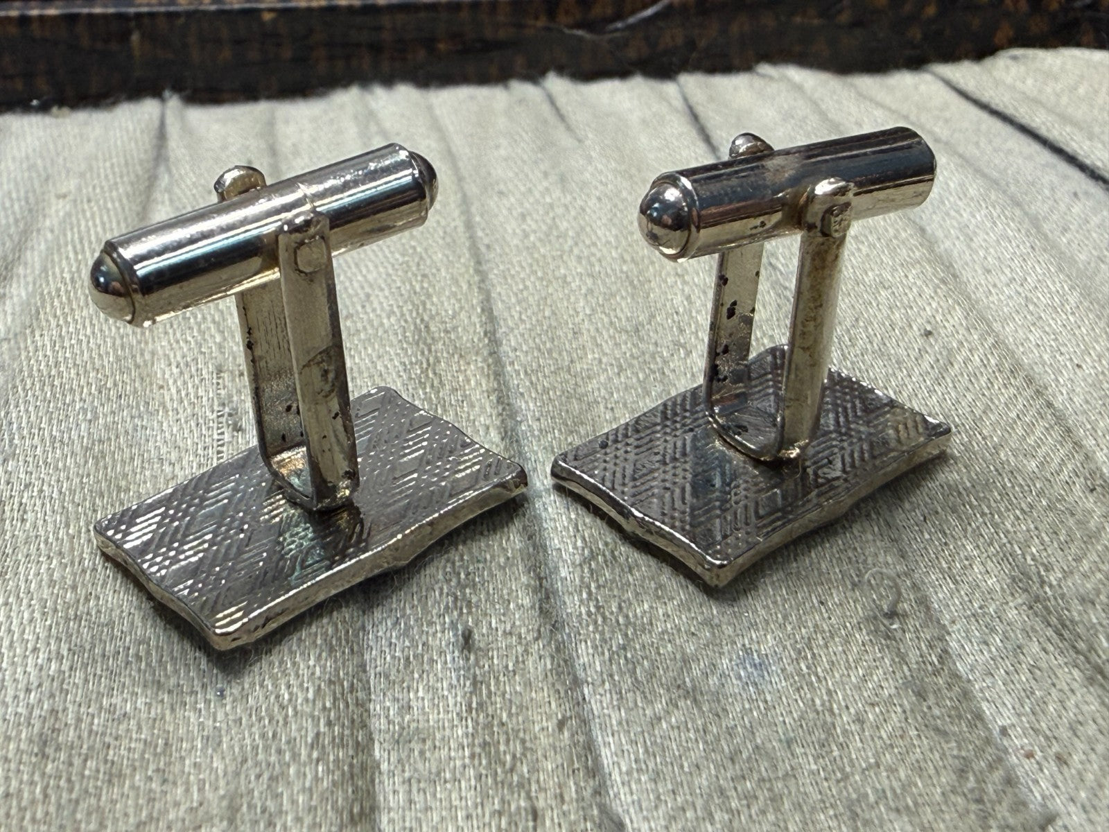 Vintage Black Glass Panel Cufflinks Pale Tone Fancy Retro Mens Gents