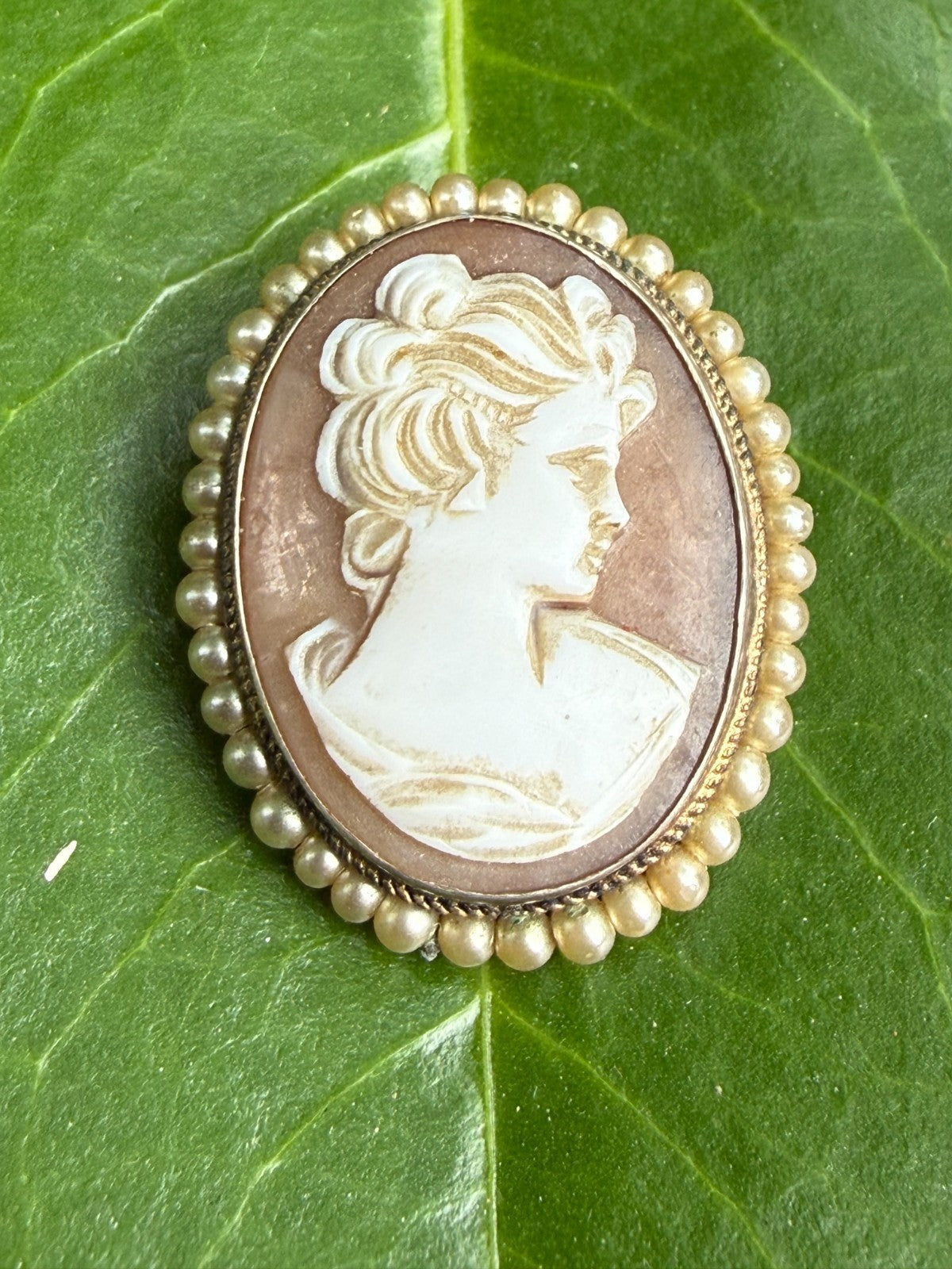 Vintage 800 Silver Gilt Shell Cameo Brooch Pin Petite Faux Seed Pearl Portrait