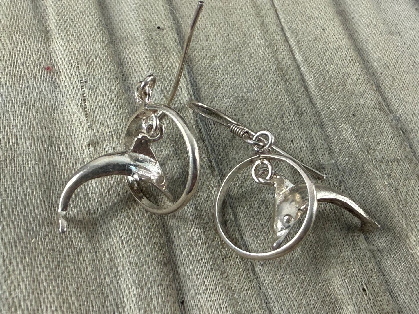 Sterling Silver 925 Dolphin Hoop Drop Earrings Retro Novelty Fish Hook Dangle