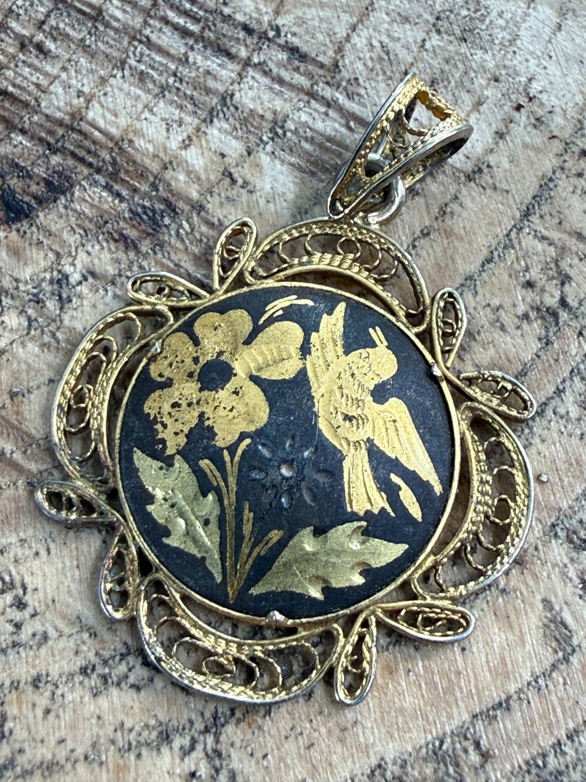 Vintage Damascene Pendant Gold Tone Filigree Bird Floral Spanish Toledo