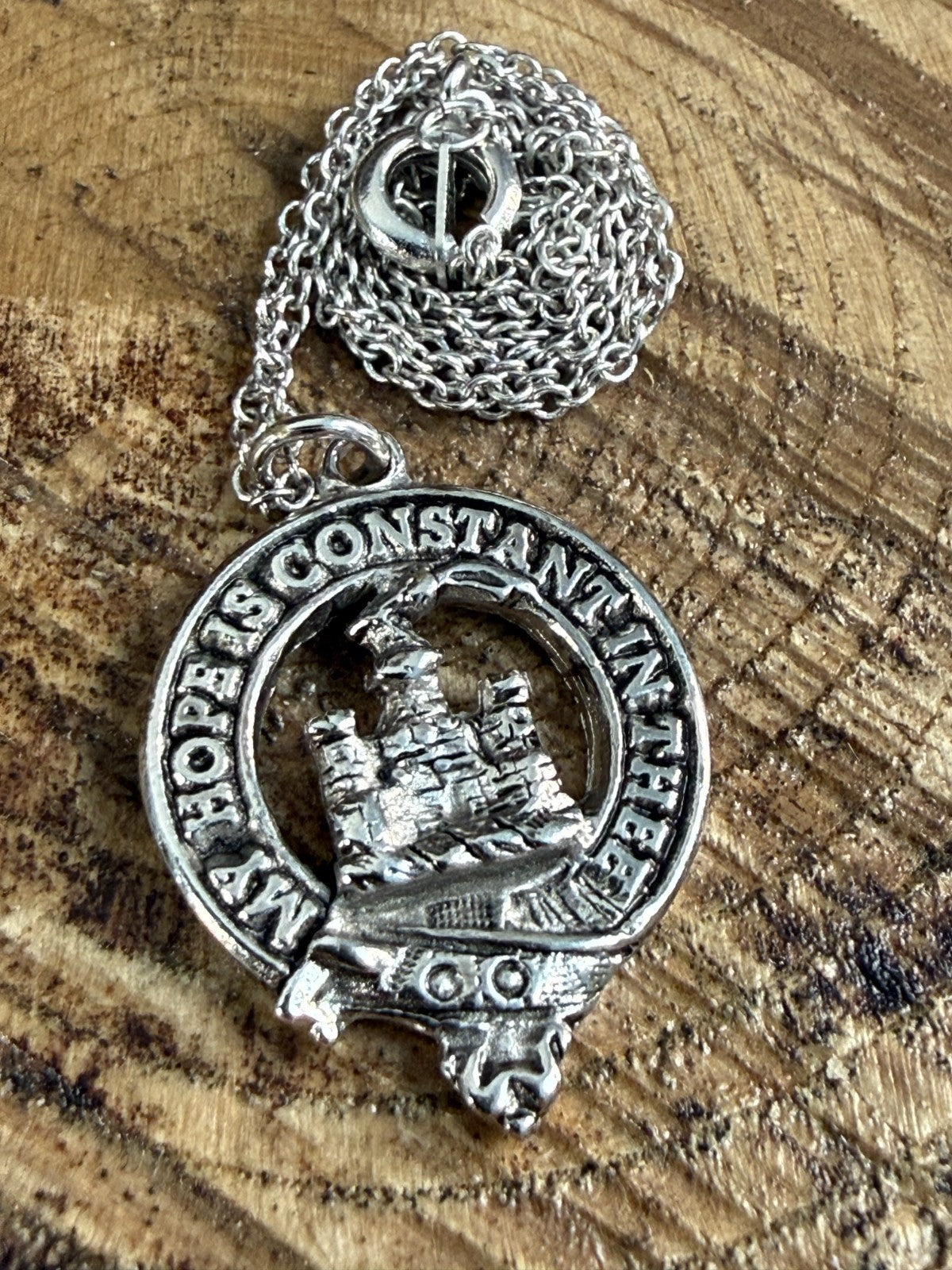 Vintage Silver Tone Clan Douglas Crest Pendant Necklace Scottish Motto Celtic