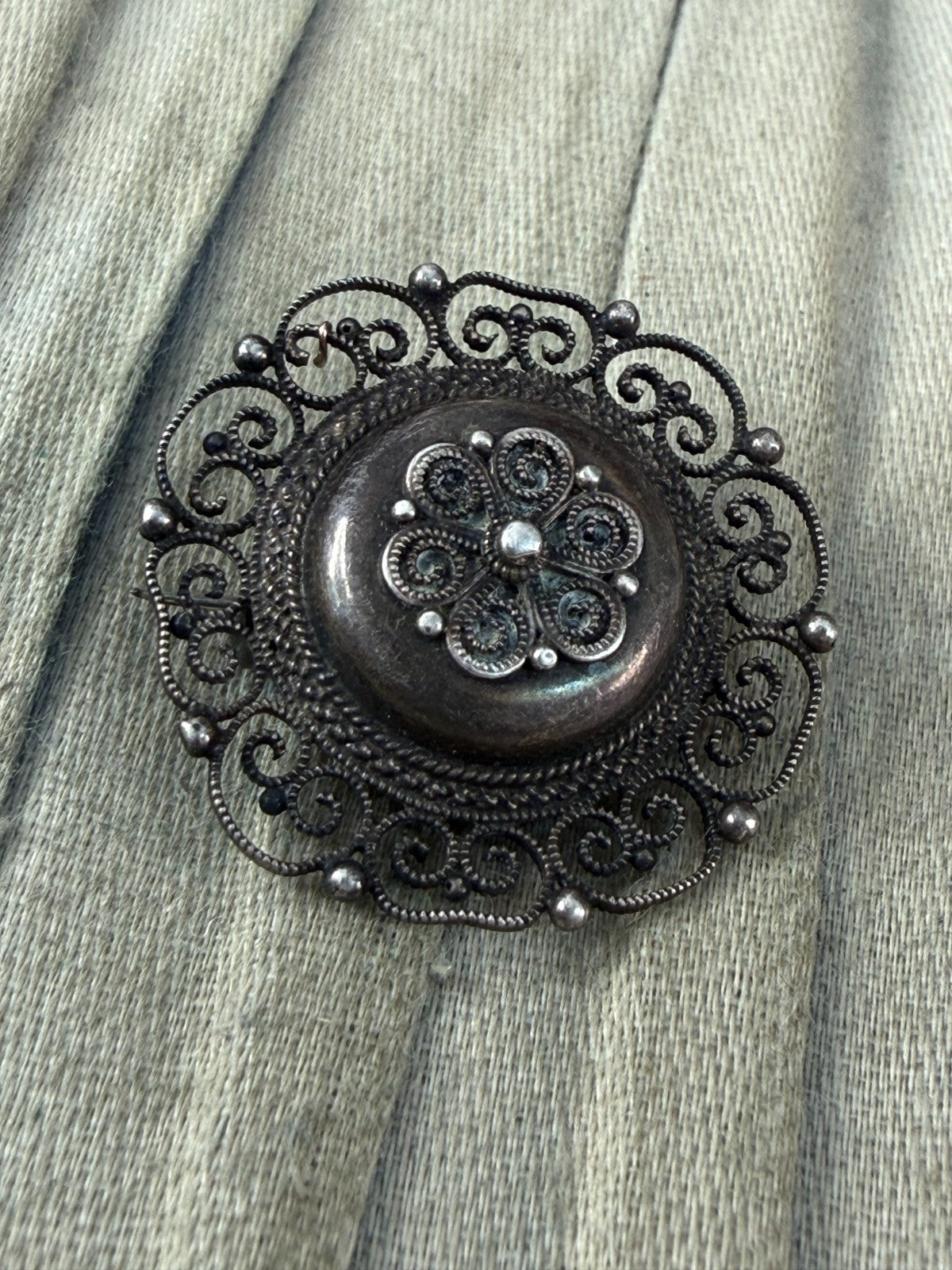 Antique Scandinavian 830 Silver Filigree Brooch Scrollwork Floral Rosette Pin