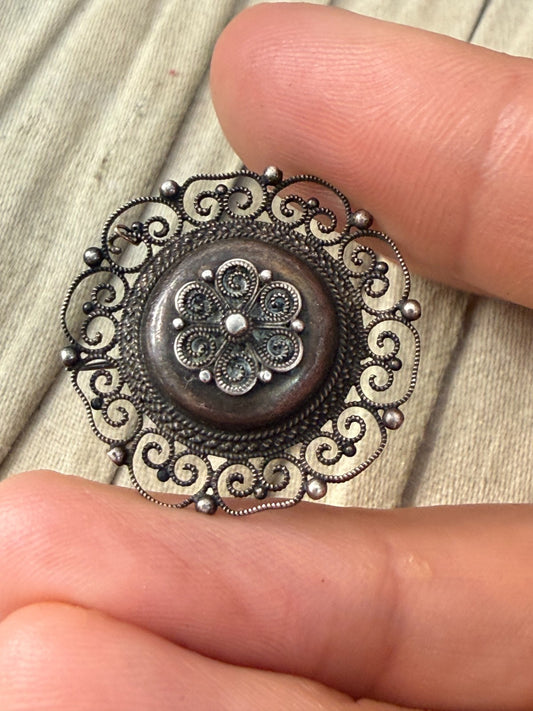 Antique Scandinavian 830 Silver Filigree Brooch Scrollwork Floral Rosette Pin