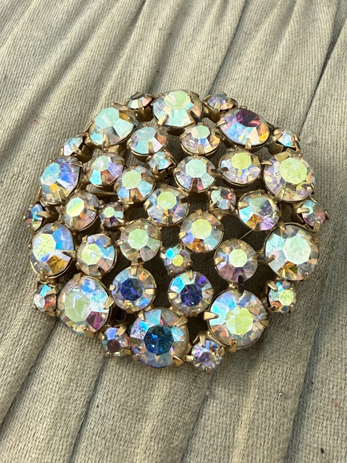 Vintage Aurora Borealis Rhinestone Brooch Cluster Gold Tone Pin 1950s 1960s