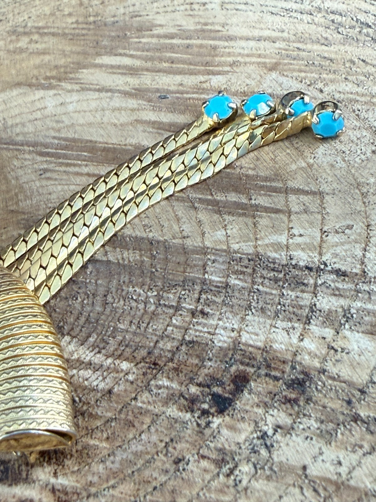 Vintage Gold Tone Snake Chain Tassel Brooch Turquoise Glass Tipped Ends Pin
