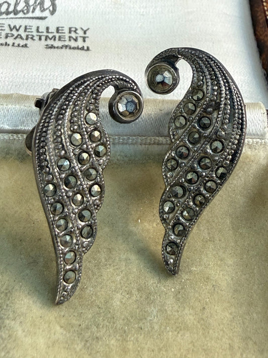 Vintage Art Deco Silver Marcasite Clip On Earrings Swirl Scroll Wave Sparkly