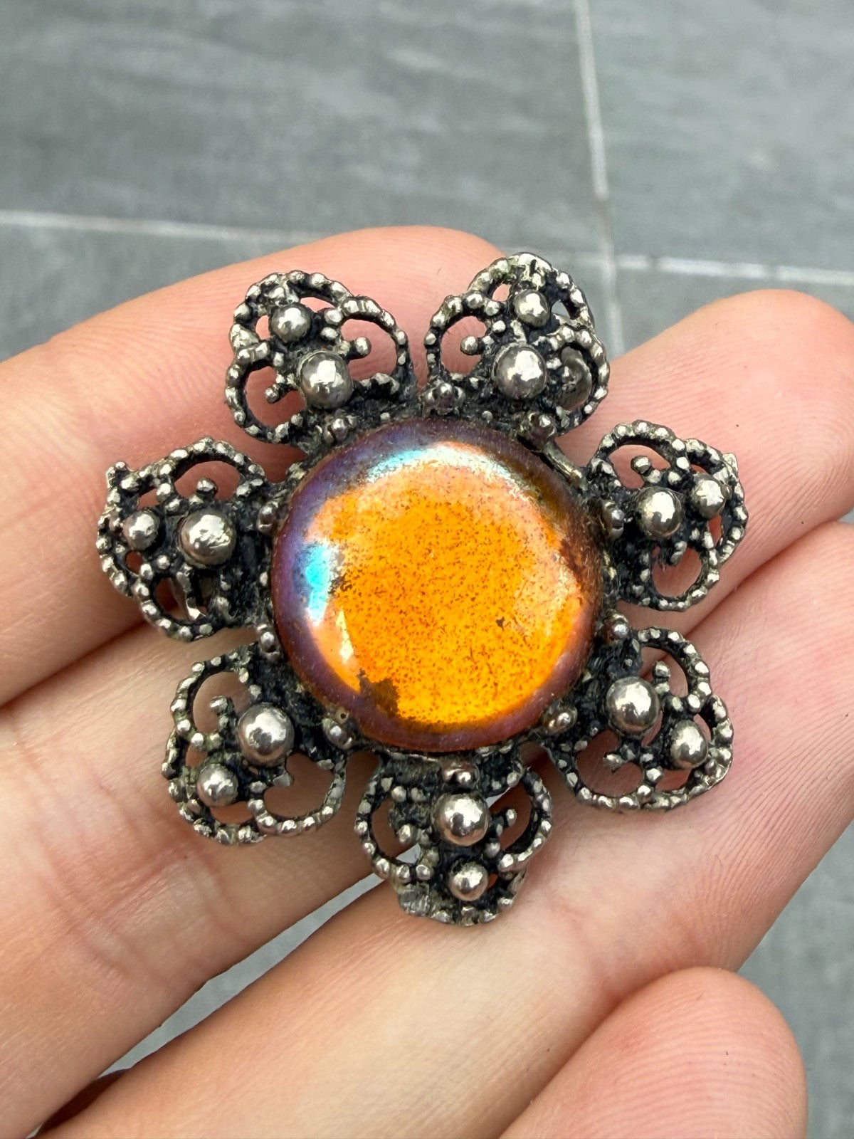Vintage Flower Brooch Silver Tone Orange Foil Backed Glass Cabochon Floral Pin