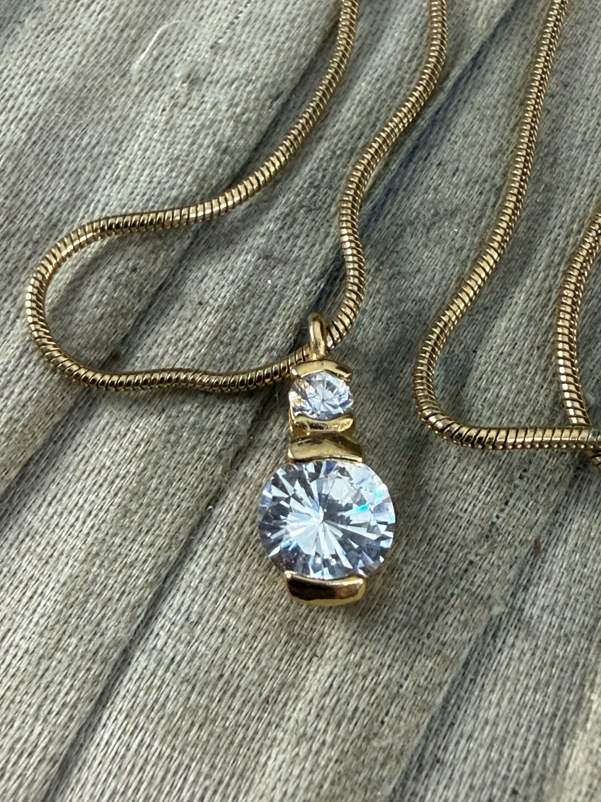 Vintage Gold Tone Goshenite Beryl Double Stone Pendant Snake Chain Necklace 45cm