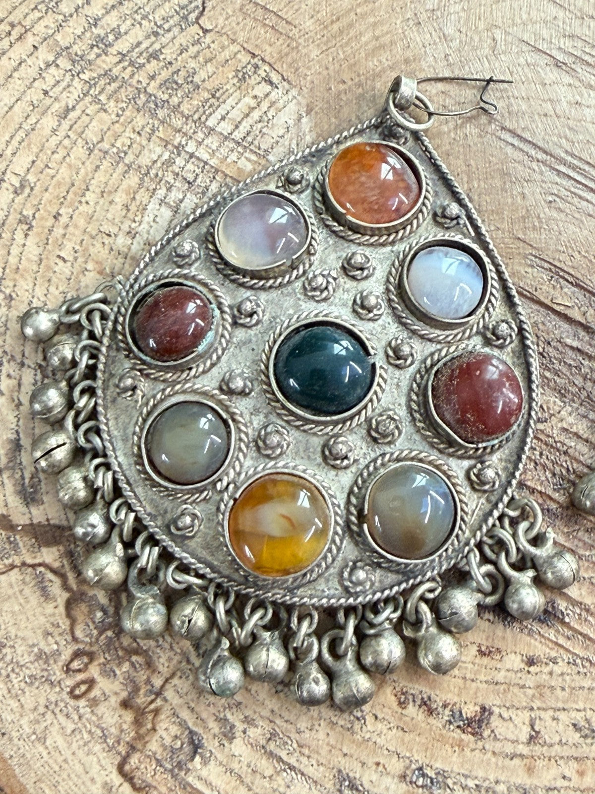 Vintage Tibetan Himalayan Tribal Earrings Agate Silver Tone Bell Drop Dangle