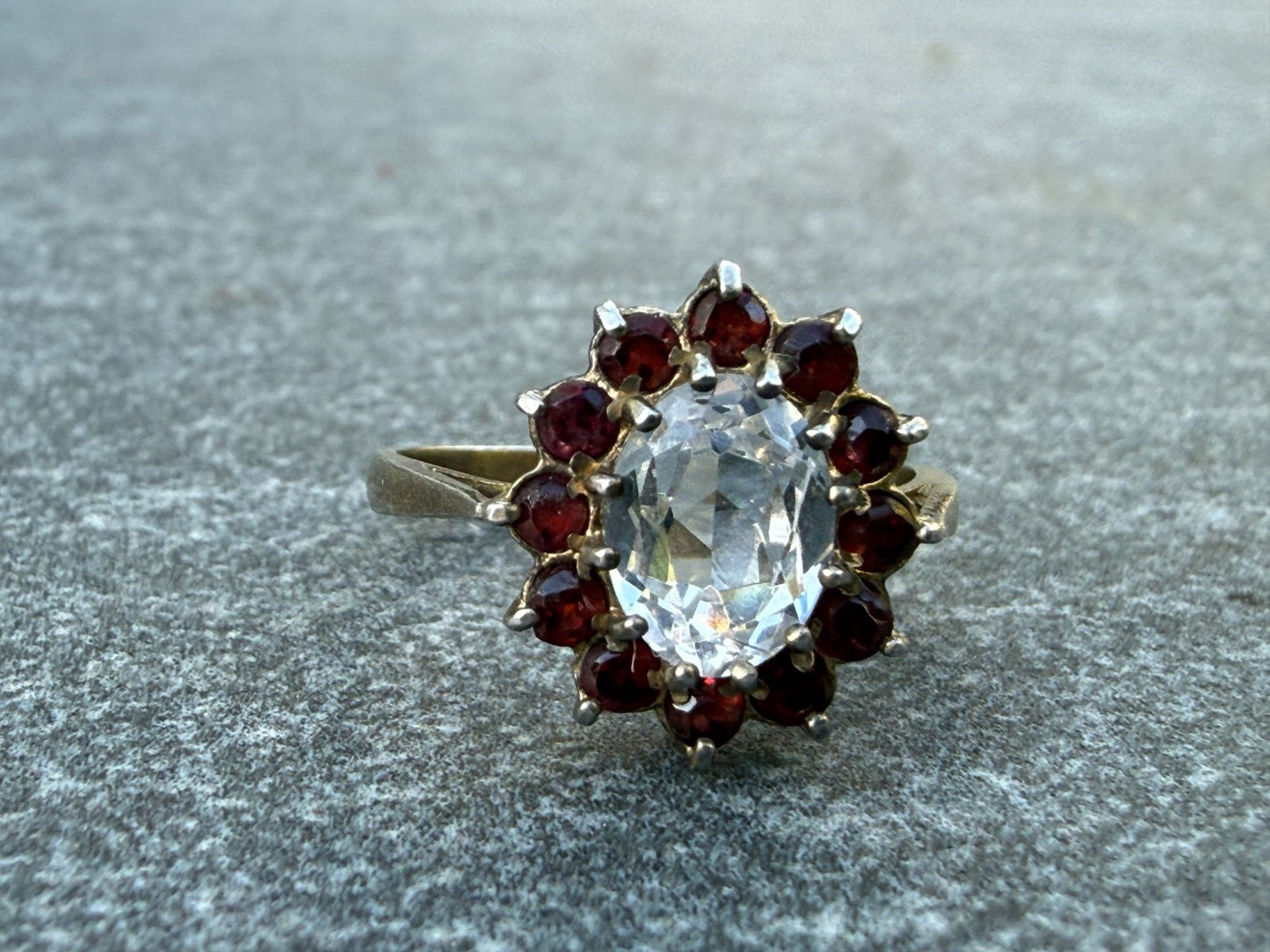 Vintage Silver Milky Quartz Ring Red Glass Rhinestone Cluster Cocktail Size M