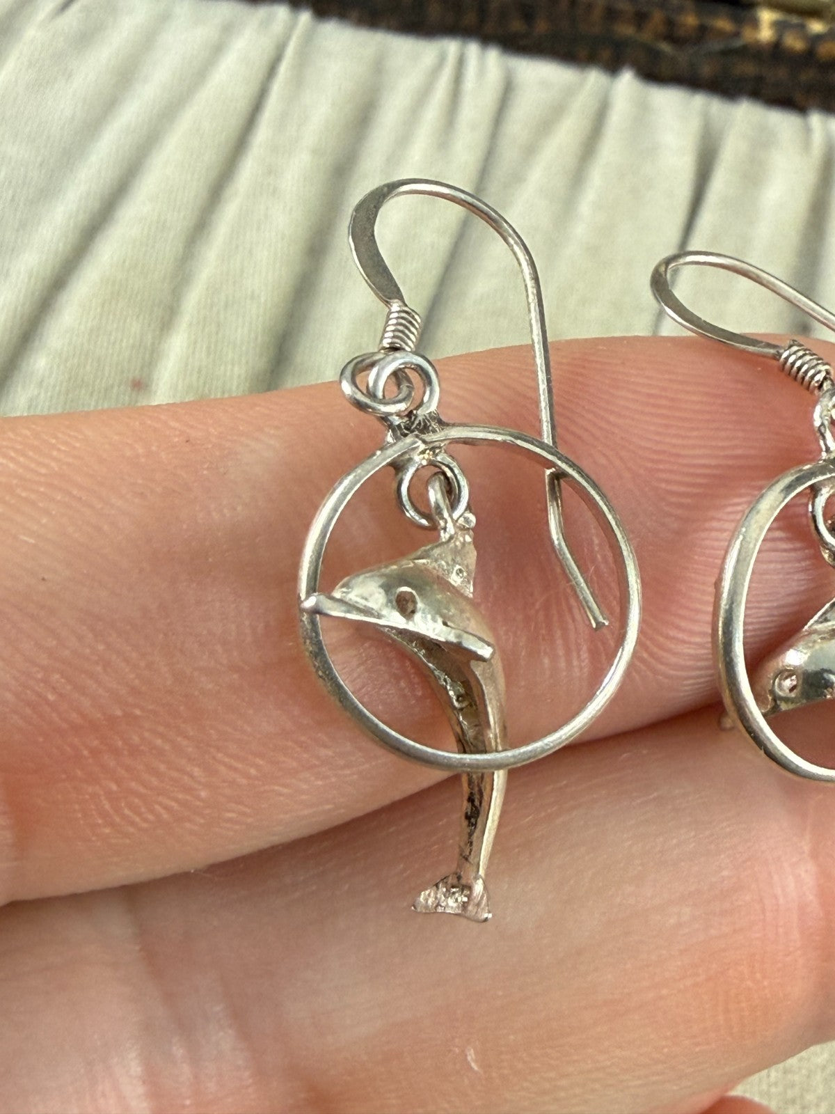 Sterling Silver 925 Dolphin Hoop Drop Earrings Retro Novelty Fish Hook Dangle