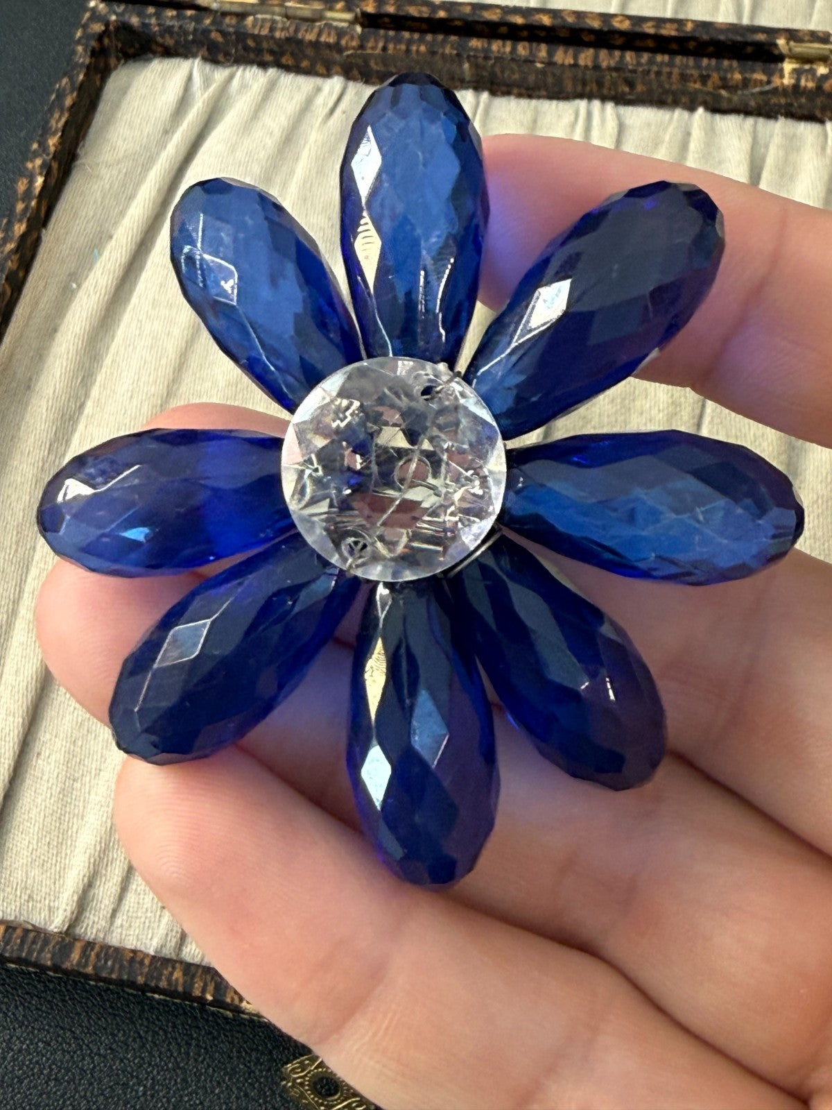 Vintage Cobalt Blue Brooch Faceted Plastic Daisy Flower Statement Pin