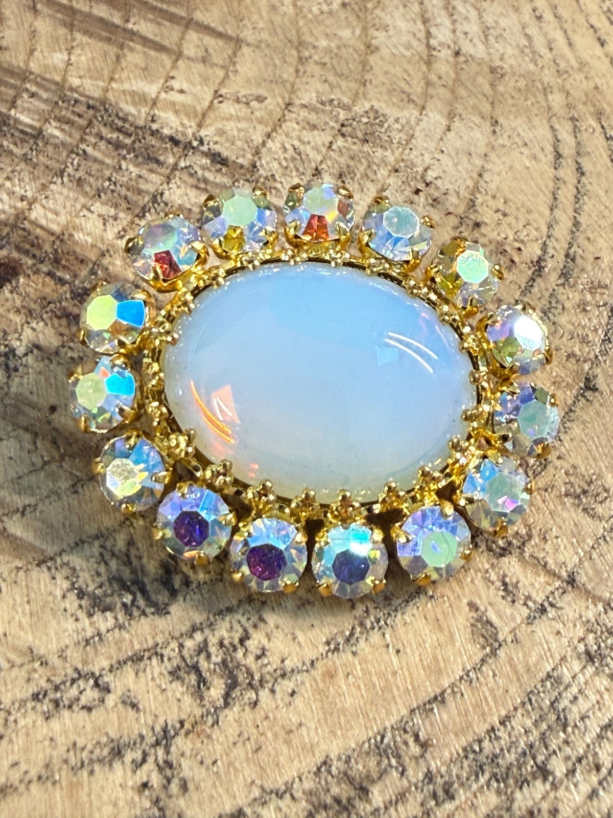 Vintage Aurora Borealis Rhinestone Brooch Gold Tone Pin Opaline Glass Cabochon