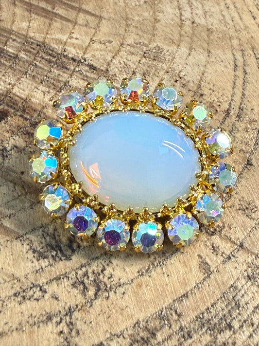 Vintage Aurora Borealis Rhinestone Brooch Gold Tone Pin Opaline Glass Cabochon