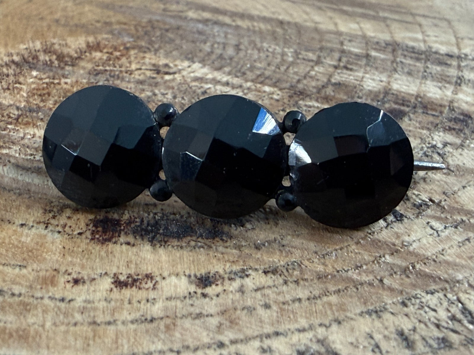 Antique Victorian French Jet Bar Brooch Black Glass Three Stone Round Mourning