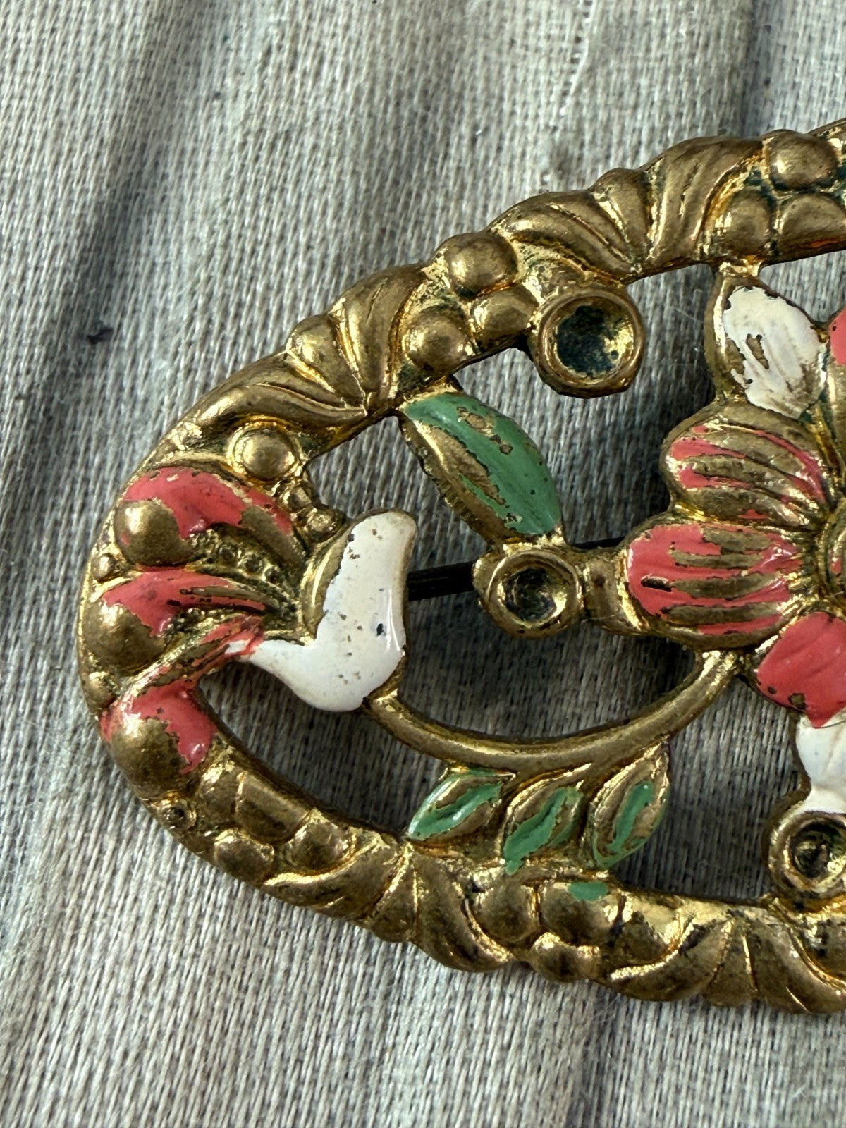 Vintage Art Deco Flower Brooch Gold Tone Oval Pin Brass Painted 1930s 1940s