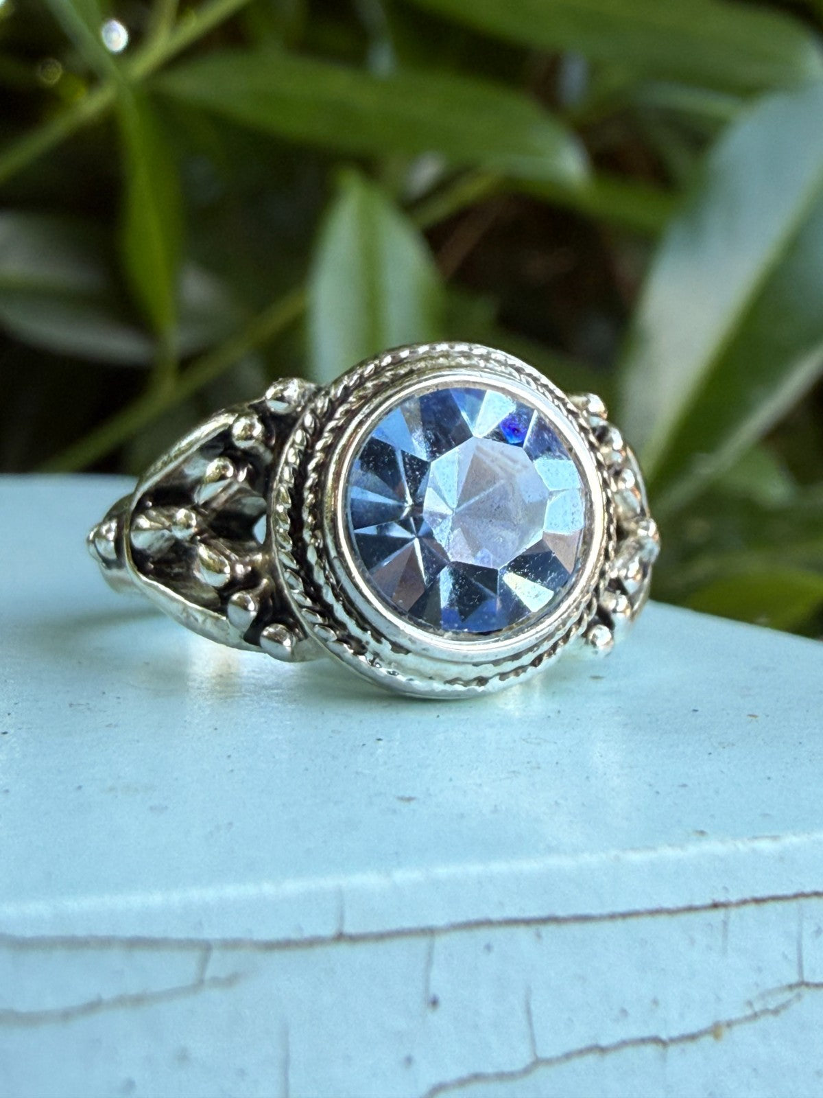 Sparkly Pale Blue Ring Silver Tone Glass Paste Cocktail Statement Size S