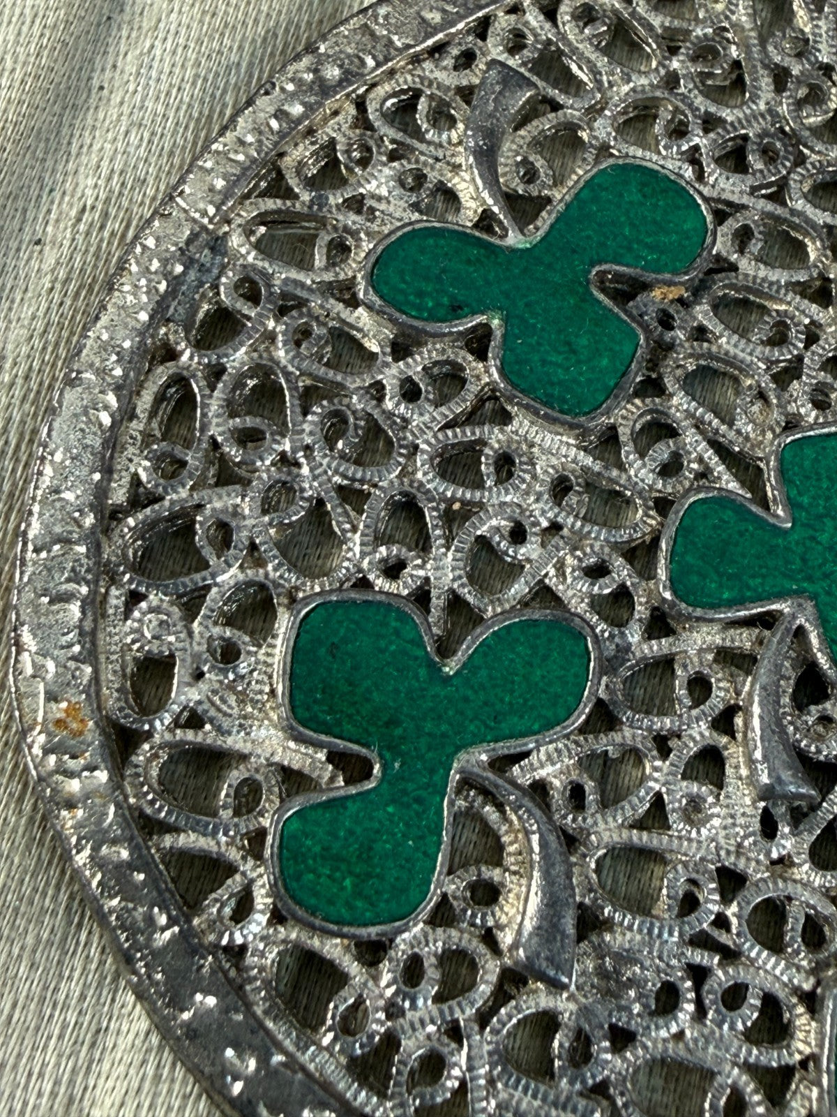 Vintage Silver Tone Shamrock Pendant Green Enamel Openwork Celtic Clover Lucky