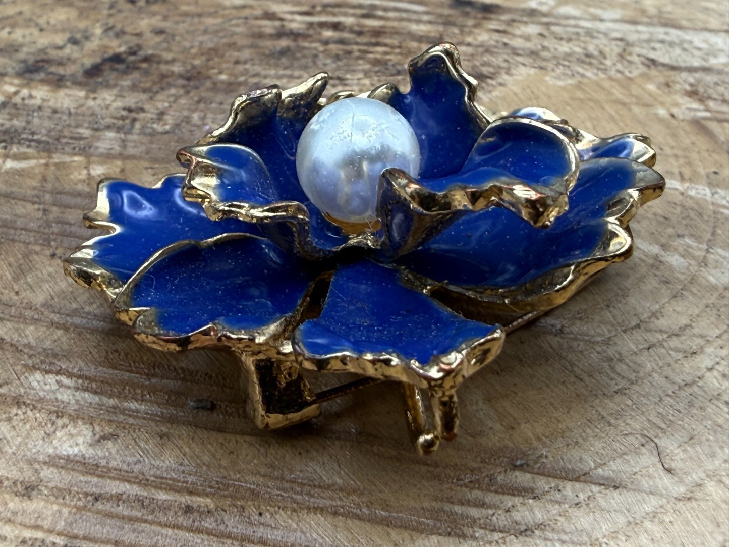 Vintage Blue Enamel Flower Brooch Ruffled Gold Tone Paeony Pin Faux Pearl