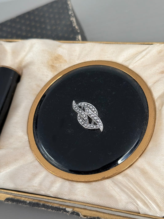Vintage KIGU Vanity Powder Compact Lipstick Boxed Set Black Enamel Marcasite