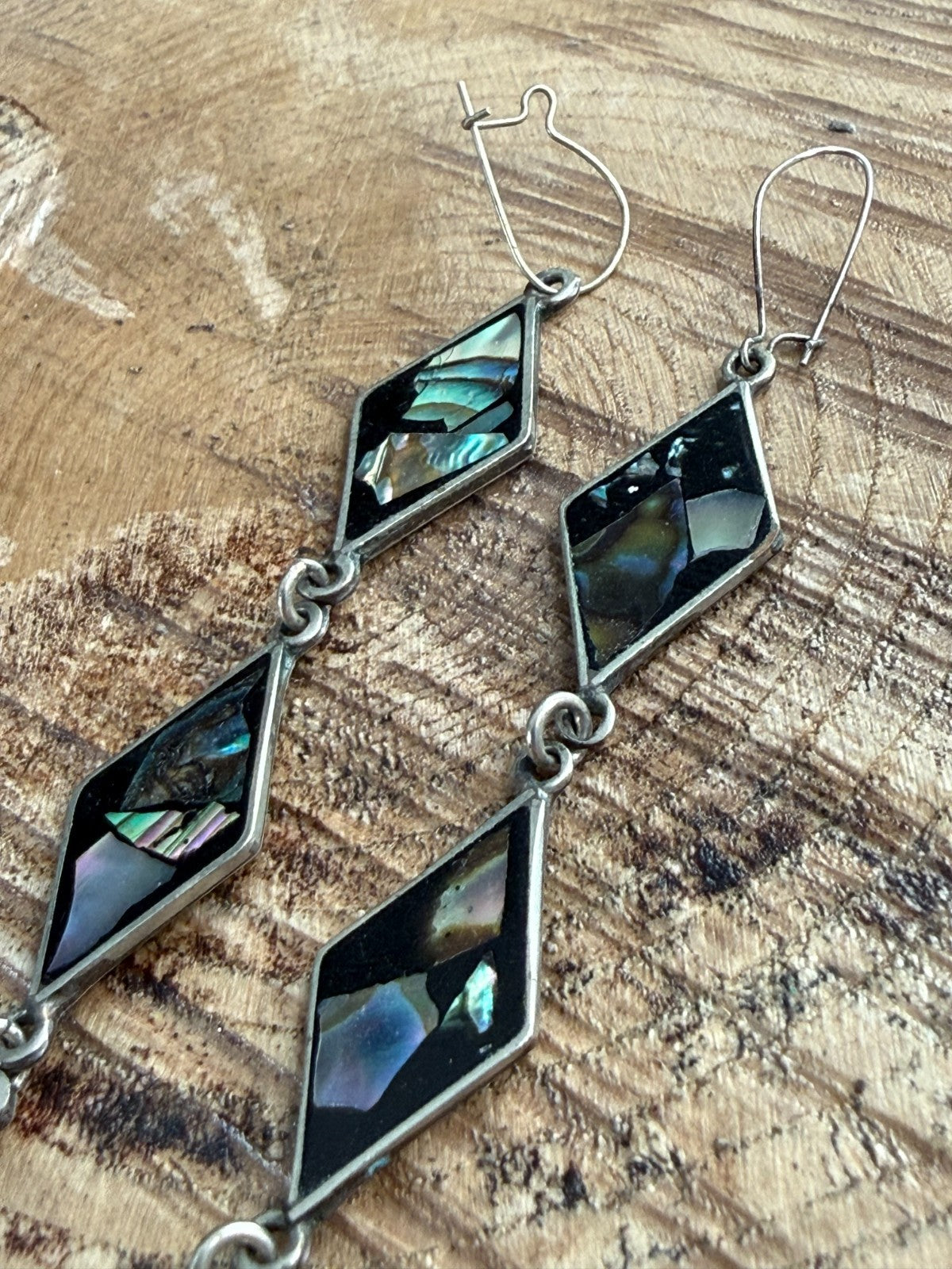 Vintage Silver Tone Abalone Shell Mosaic Drop Earrings Black Diamond Dangle